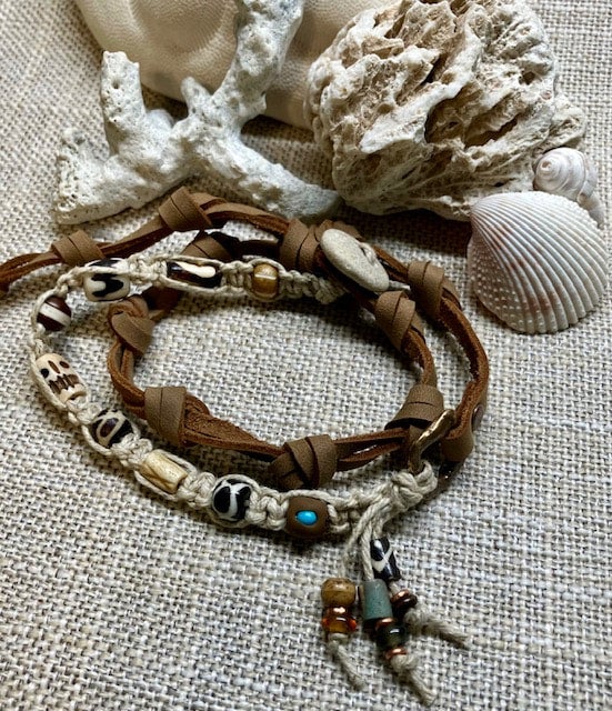 Handmade, hemp, leather, beads, bronze ~Surf Rat Bracelet~ Earthen